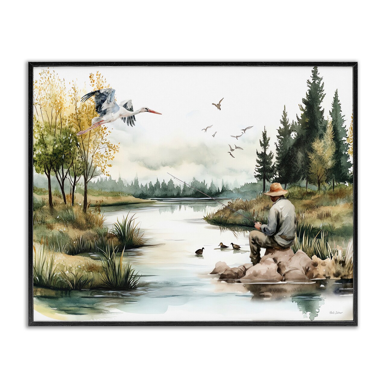 Stupell Industries Fishing by River Landscape Framed Giclee Design by Nicole DeCamp